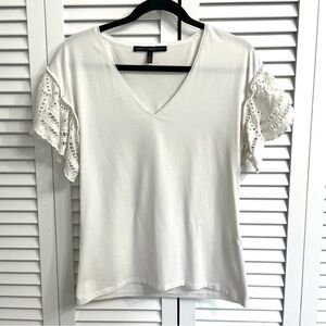 White House Black Market White Eyelet Sleeve Top V Neck Coastal Modal Sz S